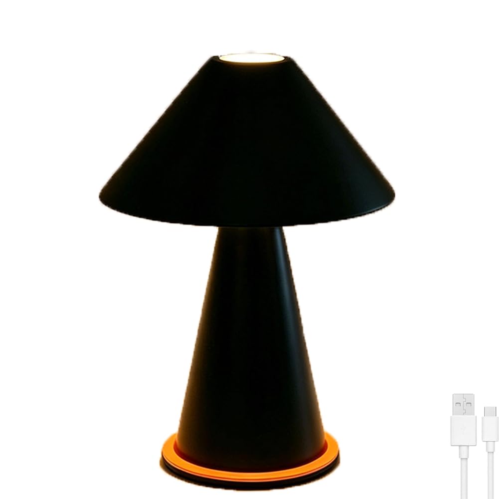 LOGT Orange LED Table Lamp, Mushroom-Shaped, Cordless, Touch Controlled, Dimmable, Battery-Operated, Rechargeable via USB, Mushroom Lamp, Rechargeable Battery, Portable, 3 Colour Temperatures,Black