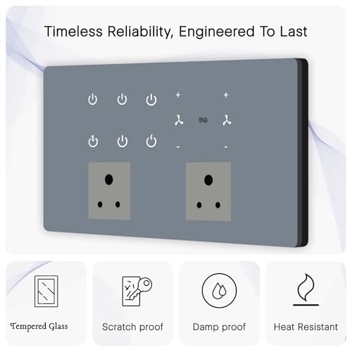 Image of IOTICS Smart Wifi Switch Board: 6 x Switch, 2 Fan & 2 Smart Plug Module. Touch Control, Remote, App Control. Voice Control with Alexa & Assistant. Smart Touch Switch Board For Home Automation (Grey)
