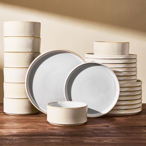 Image of 24-Piece Dinnerware Set for 8, Famiware Premium Stoneware Dish Set with Ribbed Plates and Deep Bowls, Double Reactive Glaze, Chip & Scratch Resistant, Microwave & Dishwasher Safe, Cappuccino White
