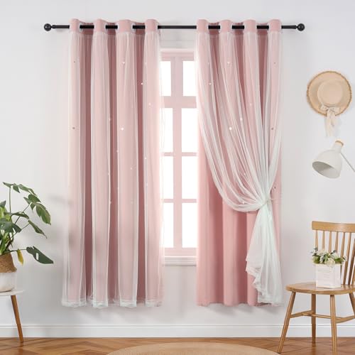 Image of Light Pink Blackout Curtain for Girls Room 72 Inches Long Cute Star Cutout | Nursery Double Layer Curtains & Drapes Tulle Lace Sheer Single Panel Thermal Insulate Bedroom Window Treatments Cortina Blush