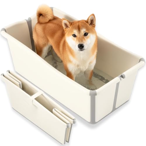 Allhanabi 【中型犬・多頭飼い用】 犬用バスタブ 中型犬 犬 風呂 犬 バスタブ ドッグバス 折りたたみ またぎやすい 低床設計 大容量 型崩れしない 浴槽 柴犬 コーギー ドッグバス 中型犬 排水栓付き 自宅シャンプー 屋内外対応【小型犬なら2匹OK】 ワイドサイズ 幅76×奥行42×高さ32cm（Amazon）