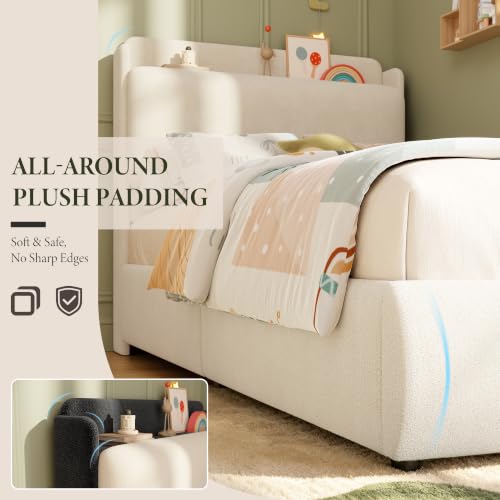 Image of Garvee Twin Size Bed Frame with Shelf & Drawers for Kids- Beige