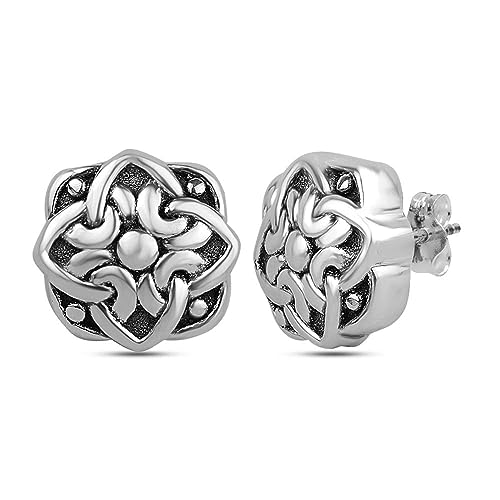 LeCalla 925 Sterling Silver Vintage Stud Earrings for Women | Antique Style Celtic Knot, Sunflower & Floral Stud Earring | Classic Handmade Chunky Statement Jewelry | Indian Earrings for Women - Main Image