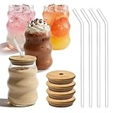 Lot de 4 verres nervurés avec pailles en verre   530 ml   Verres à cocktail   Verres à café glacé avec couvercle et paille   Verres à bulles d'air avec pailles   Verres à café pour cocktails, whisky