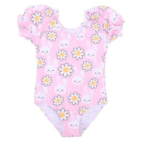 LIZENS Girls' One-Piece Swimwear Adorable Bunny Rabbit Puff Sleeve Tropical Floral Girls Bathing Suit(BL110,5-6T) Pink Cover