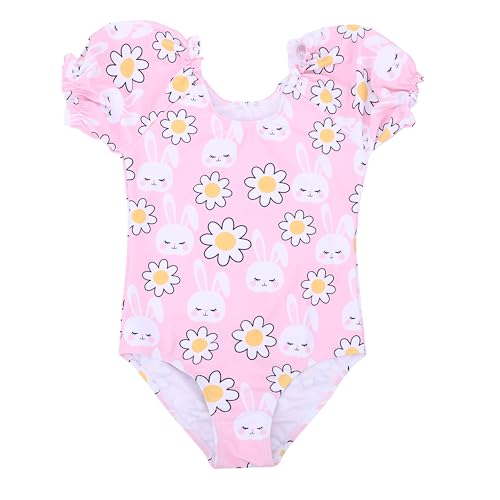 LIZENS Girls' One-Piece Swimwear Adorable Bunny Rabbit Puff Sleeve Tropical Floral Girls Bathing Suit