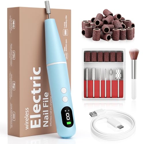Image of Electric Nail Drill Kit Professional - 9 Speed Cordless Electric Nail File with LED Display, Portable Nail Drill Machine for Acrylic Gel Nails, Hand Feet Trimmer Buffer Tool for Women Men Baby Blue