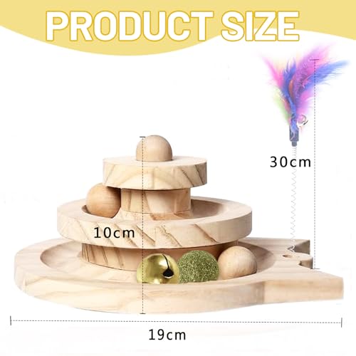 Honicemar 2-Layer Tower Wooden Cat Toy with Ball and Track, Cat Roller Toys Interactive with 3 Types of Balls - Image 2