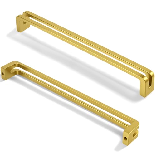 BOZWELL 7-1/2 Inch（192mm） Hole Center Brushed Gold Heavy Duty Solid Cabinet Pulls,Brass Square Kitchen Drawer Handles for Cupboard Hardware Handles 6 Pack BZ7600