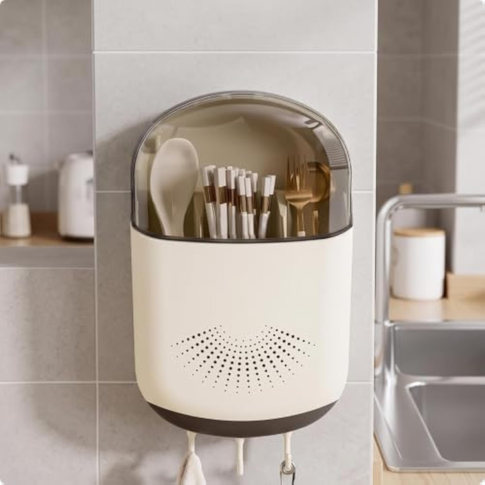 Kitchen Storage Holder with Hooks, Wall-Mounted Design