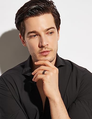 Greenpod 8MM Tungsten Carbide Rings for Men Hammered Polished Faceted Edge Wedding Band Gold foil with Black Dinas Inlay Comfort Fit Size 7-13