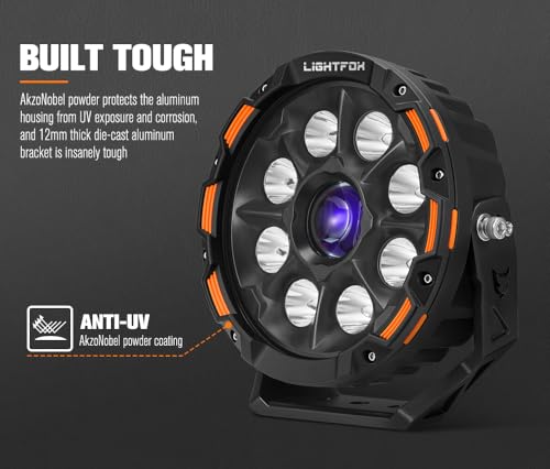 LIGHTFOX 9 Inch LED Laser Driving Light Round-2PCS, 19,478LM 15° Spot+5° Hyperspot Beam, Adjustable Angle with Wiring Harness, Spot Light for Offroad Jeep Wrangler Truck Pickup SUV IP68
