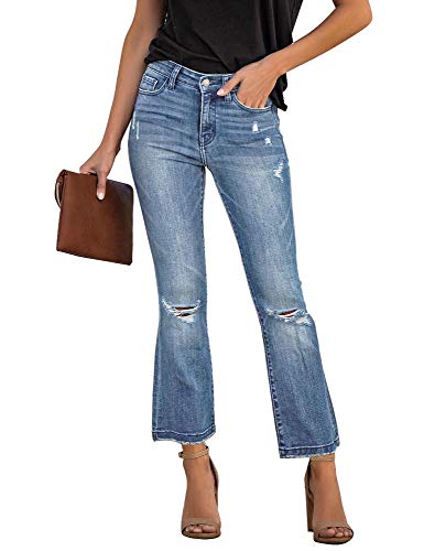 Utyful Women's High Waist Relaxed Fit Ripped Jeans Stretchy Flare Jeans Denim Pants Blue Medium