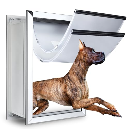 Aluminum Extra Large Dog Door for Wall, Extreme Weather Doggy Door with Enclosed Magnetic Double Flaps, Heavy Duty Doggie Doors with Telescoping Tunnel for Large and Extra Large Dogs Up to 220Lbs