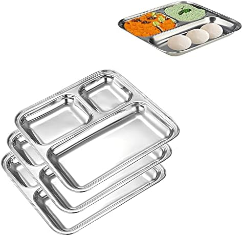 WG inc 4-Pack Stainless Steel Compartment Plates ~ 3 IN 1 Premium Divided Dinner Plates 10 inch Feeding Camping Dishes, Heavy-duty Tray & Dishwasher safe