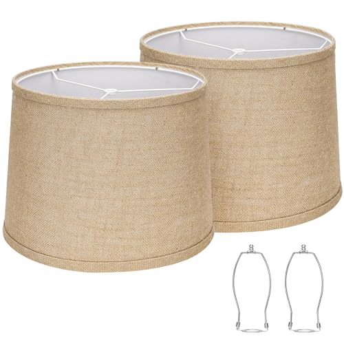 Image of Burlap Lampshades Set of 2, 11.6 inch Top x 12.6 inch Bottom x 9.8 inch High, Brown Drum Shades for Table & Floor Lamps (Spider Fitter), Hand Crafted, Assembly Required