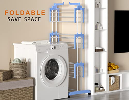 HOMIDEC Clothes Drying Rack, Large 4-Tier Foldable Drying Rack Clothing (67.7H x 19.7W x 30L Inches), Movable with 4 Castors. Multifunctional Stainless Steel Laundry Drying Rack, Blue