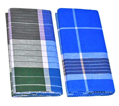 TUNI MANI Men's Stitched Cotton Lungi; 2.10mtr; Free Size (Pack of 2) (Pattern May Vary)