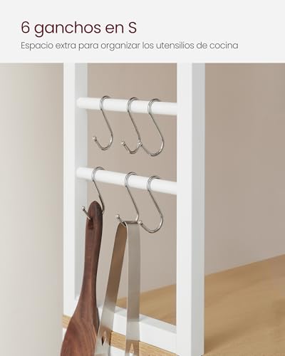 Miniatura 8 de Vasagle Estantería De Cocina, Estantería De Panadería, 6 Estantes Y 6 Ganchos, Para Microondas, Marco De Acero, Rústica, 40 X 80 X 167 Cm, Roble Dorado Y Blanco Nube Kks019w09