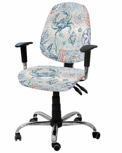 Coastal Crab 2 Pieces Computer Office Chair Covers Set,Stretchable Desk Rotating Chair Seat Cushion Slipcover Back Covers,Nautical Beach Ocean Conch Coral Starfish Slipcover Back Cover Protector Cover