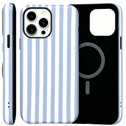 Image of for iPhone 13 /14 Case Cute Phone Case,Compatible with MagSafe,Dual Layer Shockproof Protective Phone Cover,Hard Shell + Silicone Cover,Fashion Design for Women Girls,Striped Blue