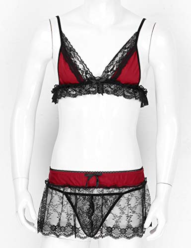 Men's 3 Piece Sissy Lace Ruffled Lingerie Set Nightwear Crossdressing Underwear4