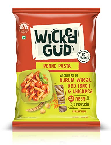 WickedGud 2X Fiber Penne Pasta | No Maida | Durum Wheat Semolina | Brown Rice | Red Lentils | Healthy Diet Pasta - 400gm