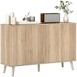 HOMCOM Buffet Salon, Meuble de Rangement avec 4 Portes cannelés à Ouverture par Pression et étagères réglables, Style scandinave, Buffet Salle à Manger et Cuisine, 120 x 35 x 77,5 cm, chêne