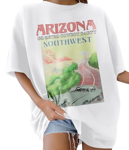 Image of Lonya Women's T-Shirts Oversized Tops for Women Y2k Sunshine Beach Letter Printed Round Neck Rainbow Graphic Tee Ladies Short Sleeve Summer Tops Casual Baggy Plus Size Cotton T Shirts, C-White, M