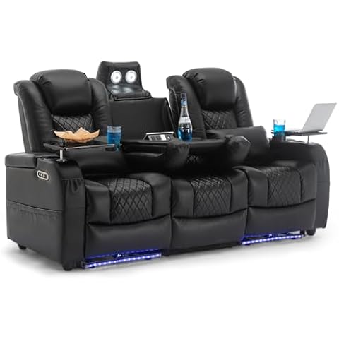 Airadlis Home Theater Seating Seats, Movie Theater Chairs Theater Recliner with 7 Colors Ambient Lighting, Lumbar Pillow, Touch Reading Lights, Tray Table (Black, Row of 3) Cover