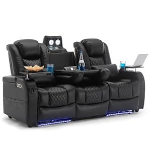 Home Theater Seating Seats Movie Theater Chairs Theater Recliner with 7 Colors Ambient Lighting Lumbar Pillow Touch Reading Lights Tray Table Black Row of 3