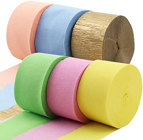 Pastel & Gold Color Crepe Paper Streamer Rolls Hanging Party Decoration Total 490-Feet, 6 Rolls, Birthday Party Streamer for DIY Art Project Supplies, Baby Shower