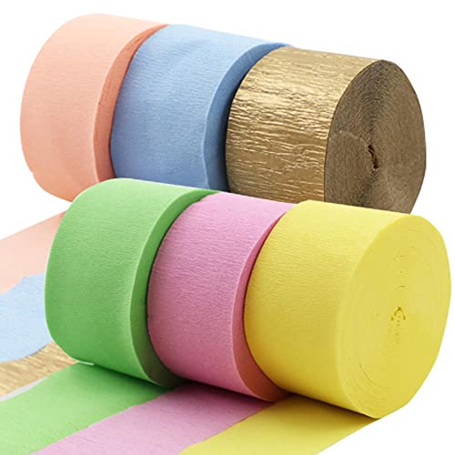 Pastel & Gold Color Crepe Paper Streamer Rolls Hanging Party Decoration Total 490-Feet, 6 Rolls, Birthday Party Streamer For Diy Art Project Supplies, Baby Shower #TOP25