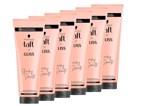 Taft x Gliss Glättungscreme Sleeky Smooth (6 x 150 ml), Styling Creme für glattes Haar ohne Glätteisen, mit zusätzlichem Föhn- und Anti-Frizz-Schutz