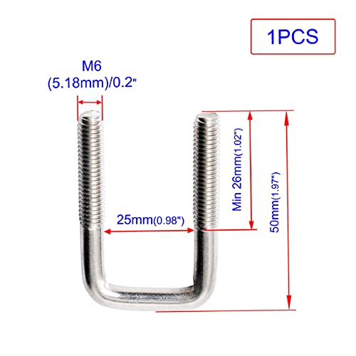 Image of U Bolt, 1 Sets 1 inch (25mm) Inner Width 304 Stainless Steel M6 Square U-Bolt with Plate Screw Nut Fastener, Suitable for 22 /23mm Pipe, Boats, and Other Home and Industrial Applications