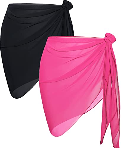 2 Pieces Sarong Cover Ups for Women Beach Bathing Suit Wrap Sheer Short Skirt Bikini Chiffon Scarf for Swimwear (Light Pink and Black)