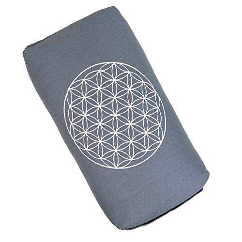 Cojín de meditación Shiva de alta calidad, diseño de "la Flor de la Vida" y relleno interior de cáscara de espelta ecológica. Dimensiones: 40 x 20 x 10 cm. Funda universal y lavable por separado, gris