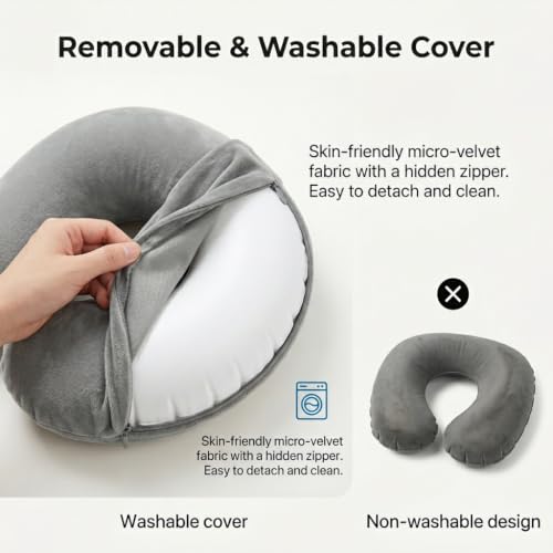 XINML Oreiller Voyage Gonflable Coussin Avion Nuque Ergonomique Support Cervical Velours Doux Douillet Lavable Confort Sommeil Masque Yeux Occultant Bouchons Oreilles Ultraleger Set de 3 Pièces – vue 4