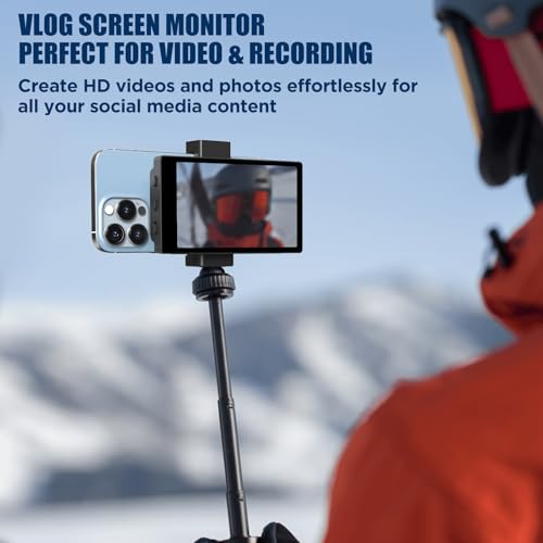 5\" Selfie Monitor Screen for iPhone, Back Camera Selfie Monitor with Low Latency HD Screen - Portable Phone Vlog Monitor w/Bluetooth Remote, Perfect for Content Creators on TikTok YouTube (Black)