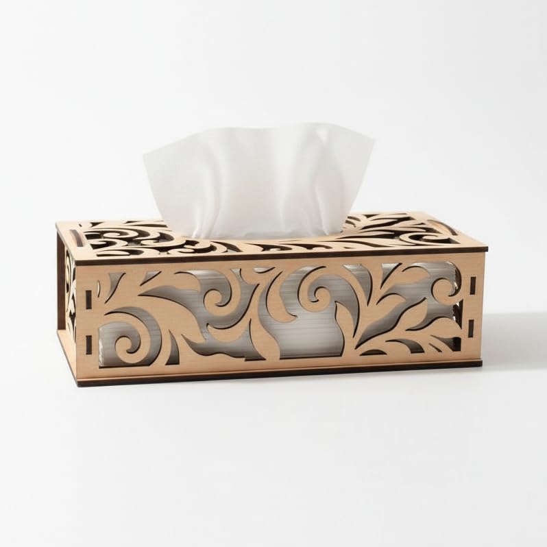 Image of Laser Cut Wooden Tissue Box Holder - Decorative MDF Tissue Case for Dining Table, Office & Living Room (7x5x2.5 Inch)