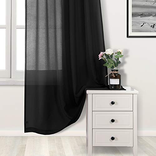 DWCN Sheer Curtains, Grommet Top Short Solid Semi Transparent Faux Linen Voile Window Curtain Drapes, Light Filtering for Living Room and Bedroom Set of 2 Panels, 46 x 45 Inches Long, Black by DWCN - Used condition - Image 2