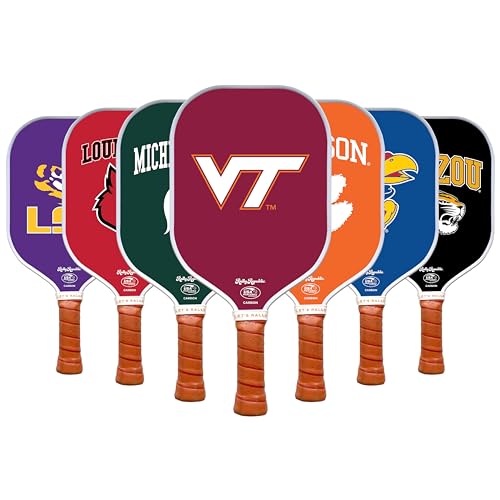 Rally Republic Raquete de Pickleball Collegiate oficialmente licenciada – Raquete aprovada pela Associação de Pickleball dos EUA – Núcleo de favo de mel leve, exterior de fibra de vidro, aderência de couro premium para conforto