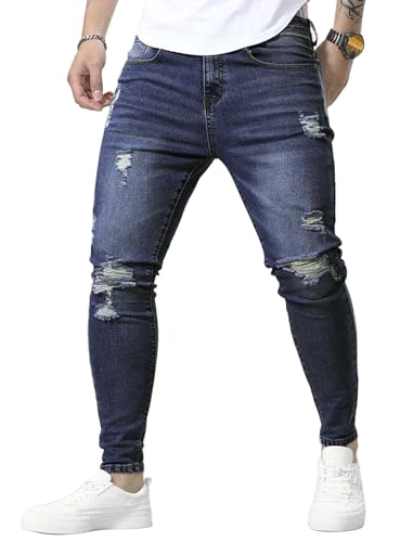 HUNGSON Skinny Jeans for Men Stretch Slim Fit Ripped Distressed(BBlue,40)2