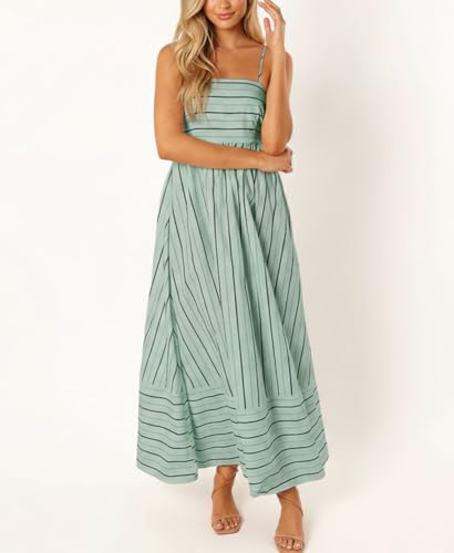Image of chouyatou Women's Striped Back Smocked Maxi Dress Sexy Spaghetti Strap Cut Out Flowy Swing Long Dress
