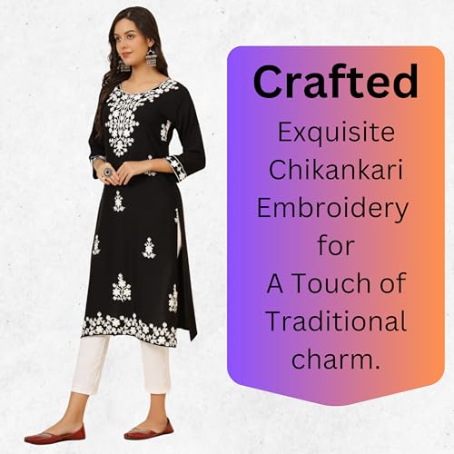 Image of Women's Chikankari-Lucknowi Embroidered Work| 3 /4 Sleeves | Knee Length | Round Neck | Soft Fabric | Straight Rayon Kurta