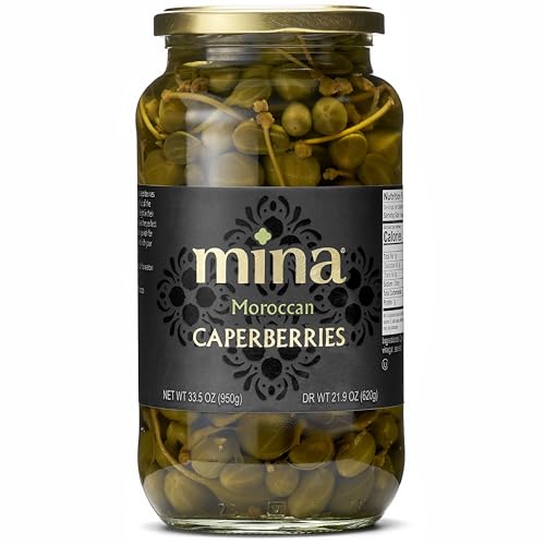 Mina Caperberries 33.5 oz, Premium Caper Berries with Stems, Perfect Mediterranean Seasoning or Garnish, Made with Caperberries, Vinegar, Water, and Sea Salt, Non-GMO, Vegan, Gluten-Free, Keto, Paleo