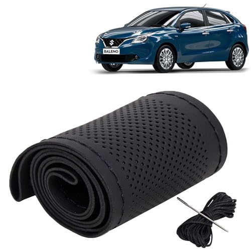 Image of KINGSWAY PU Leatherite Car Steering Cover Sewable Compatible with Maruti Suzuki Baleno (Year 2015-2018), Black Color with Black Thread, Pack of 1 with Sewing Needle and Thread
