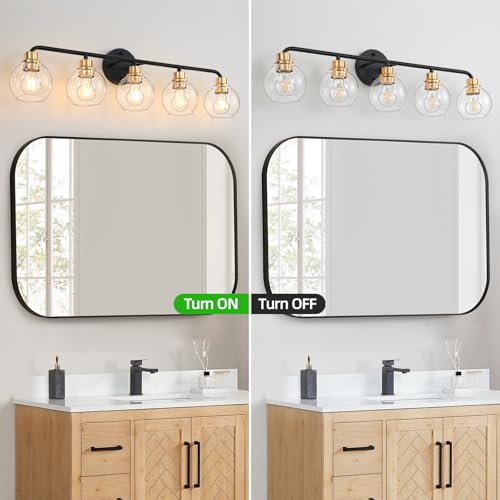 Image of 5 Light Bathroom Vanity Light, Black and Gold Bathroom Light Fixtures | with Clear Glass Shade Modern Wall Sconces Lighting Bath Wall Lights Lamp for Mirror Kitchen Living Room Bedroom Hallway
