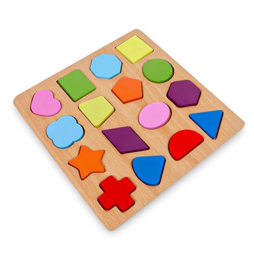 Image of Fun4You Wooden Shapes Puzzle Board for Kids | Montessori Shape Sorter | 16-Piece Learning Jigsaw Puzzle | Early Educational Brain Development Toy for Toddlers (Ages 2+ Years)
