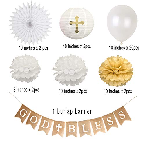 CHRORINE First Communion Banner Kit, Baptism Decorations for Boys Girls, First Communion Confirmation Decorations,God Bless Banner and White Decorations - White Set